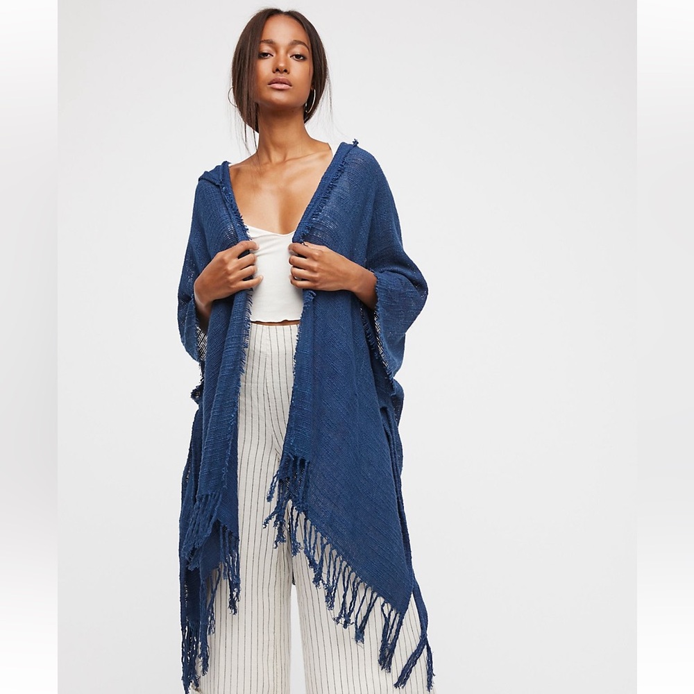 Free People Fringed Hooded Wrap (Moss Color)